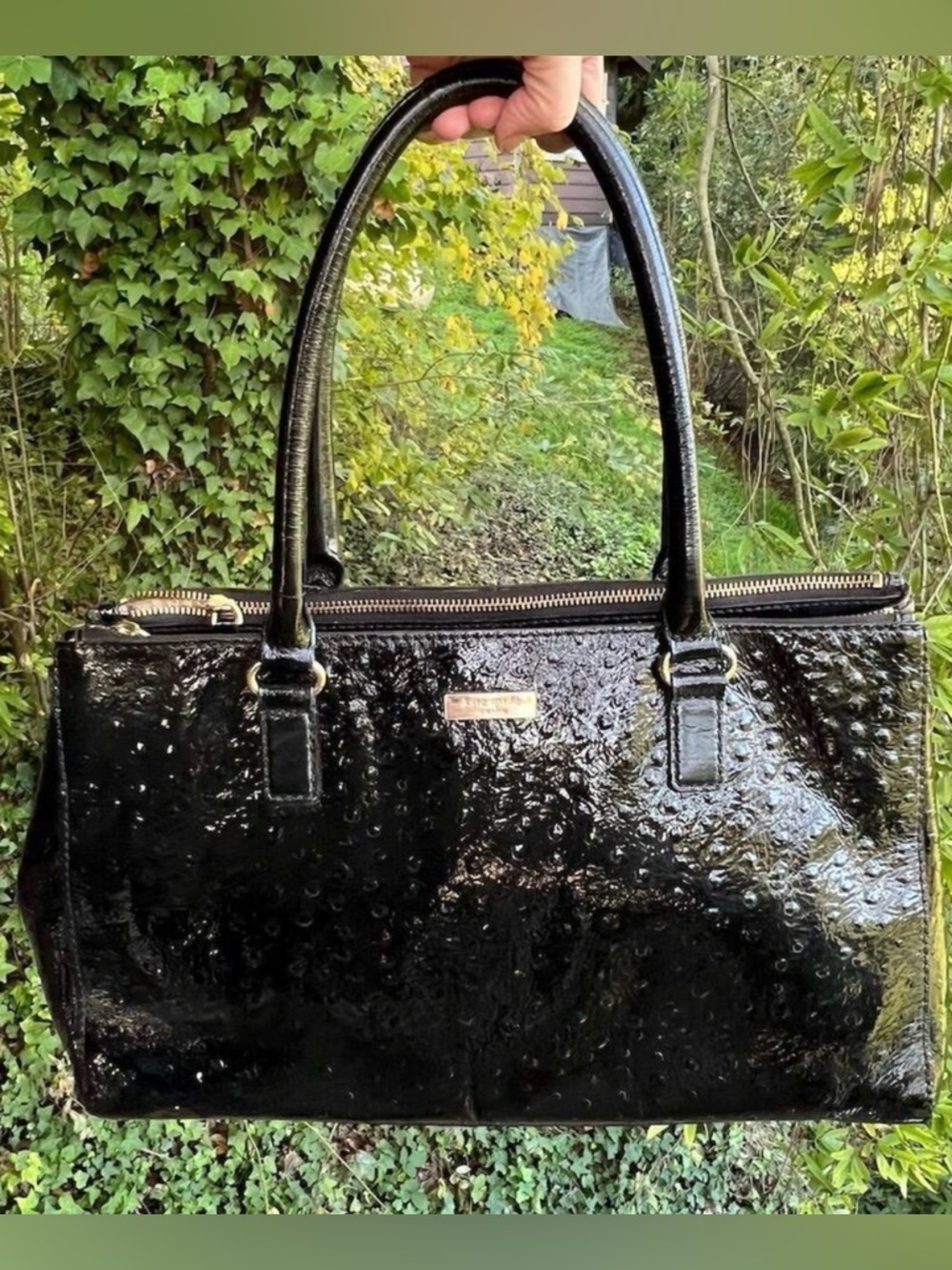 Kate Spade Black Ostrich-Embossed Leather Tote Bag Black w Gold Hardware NWOT